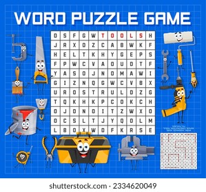 Word search puzzle game, cartoon repair, DIY and work tool characters, vector grid worksheet. Kids word search quiz game with cartoon screwdriver, drill with saw, paintbrush and wrench work tools