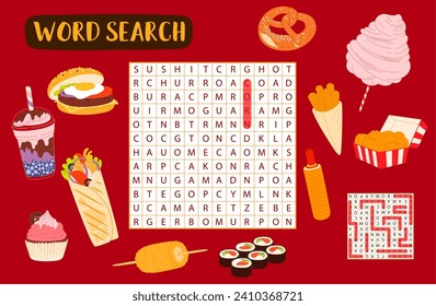 Word search puzzle game with fast food, desserts and drinks. Vector junk meal puzzle grid worksheet, cartoon hot dog, hamburger, chicken nuggets and sushi rolls, burrito, milkshake, cupcake, corn