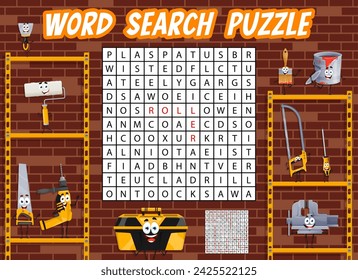 Word search puzzle game to find cartoon DIY and repair tool characters, vector quiz worksheet. Guess and find word in cross grid, carpentry screwdriver and woodworking drill with handsaw for kids game