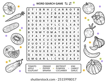 Juego de rompecabezas de búsqueda de palabras con verduras y frutas dibujadas a mano. Actividad familiar imprimible, hoja de trabajo educativa en blanco y negro, juego para niños y adultos, aprender nuevas palabras de vocabulario inglés