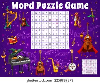 Word search puzzle game, wizard and fairy musical instrument characters between music waves and sounds. Kids vector word search worksheet quiz with piano mage, violin warlock and flute magician