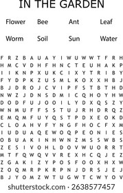 Word search puzzle in the garden featuring nature and common outdoor related words for educational use.