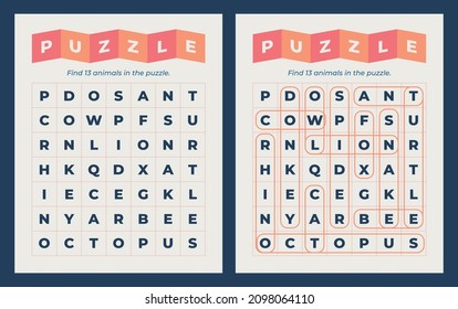 Word search puzzle with hidden animal names. Puzzle for kindergarten and primary school students. Word game for social media.