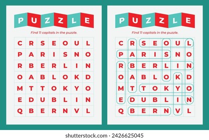 Word Search Puzzle with Hidden Capital Names: Perfect for Geography Enthusiasts. Ideal for Educational Use and Social Media Challenges.