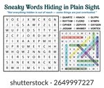 Word search puzzle with highlighted words. The puzzle is titled "Sneaky Words Hiding in Plain Sight."