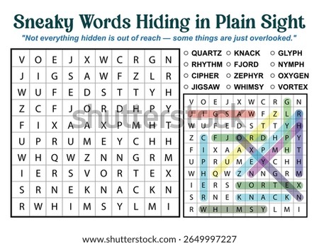 Word search puzzle with highlighted words. The puzzle is titled "Sneaky Words Hiding in Plain Sight."