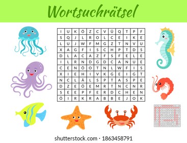 Wortsuchrätsel - Word search puzzle. Kids activity worksheet colorful printable version. Educational game for study German words. Includes answers. Vector stock illustration