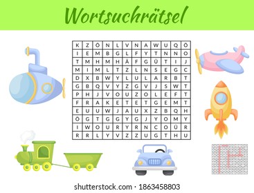 Wortsuchrätsel - Word search puzzle. Kids activity worksheet colorful printable version. Educational game for study German words. Includes answers. Vector stock illustration