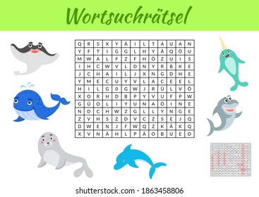 Wortsuchrätsel - Word search puzzle. Kids activity worksheet colorful printable version. Educational game for study German words. Includes answers. Vector stock illustration
