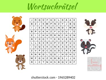 Wortsuchrätsel - Word search puzzle. Kids activity worksheet colorful printable version. Educational game for study German words. Includes answers. Vector stock illustration