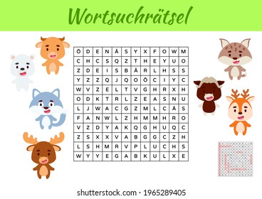Wortsuchrätsel - Word search puzzle. Kids activity worksheet colorful printable version. Educational game for study German words. Includes answers. Vector stock illustration