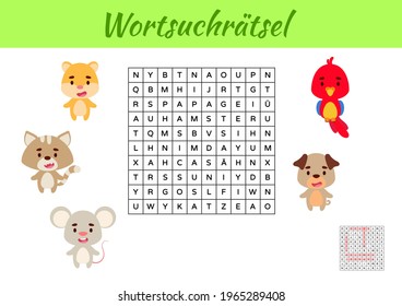 Wortsuchrätsel - Word search puzzle. Kids activity worksheet colorful printable version. Educational game for study German words. Includes answers. Vector stock illustration