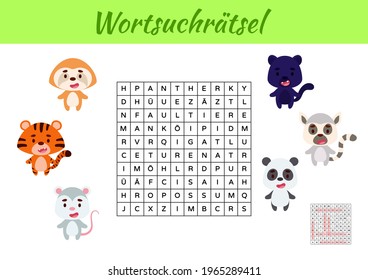 Wortsuchrätsel - Word search puzzle. Kids activity worksheet colorful printable version. Educational game for study German words. Includes answers. Vector stock illustration