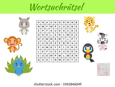 Wortsuchrätsel - Word search puzzle. Kids activity worksheet colorful printable version. Educational game for study German words. Includes answers. Vector stock illustration