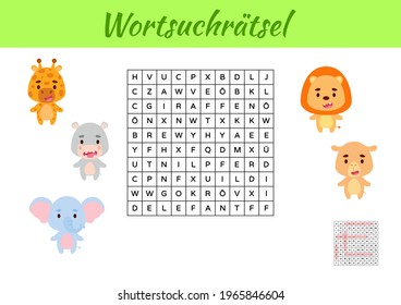 Wortsuchrätsel - Word search puzzle. Kids activity worksheet colorful printable version. Educational game for study German words. Includes answers. Vector stock illustration