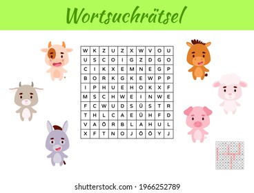 Wortsuchrätsel - Word search puzzle. Kids activity worksheet colorful printable version. Educational game for study German words. Includes answers. Vector stock illustration