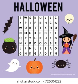 Word search puzzle kids activity sheet. Halloween theme. Find words children educational game. Learning vocabulary