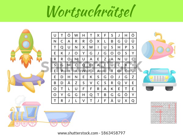 Wortsuchrätsel - Word search\
puzzle. Kids activity worksheet colorful printable version.\
Educational game for study German words. Includes answers. Vector\
stock\
illustration