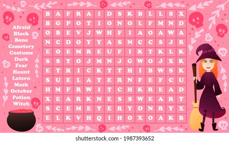 Word search puzzle for kids with cute witch character and cauldroun with potion on pink background, colourful game