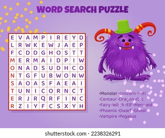 Word search puzzle for kids with mythical animals.