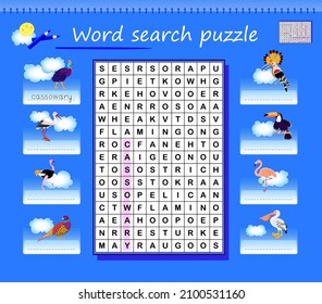Word search puzzle. Learn and write English names of birds. Educational page for children school textbook. Worksheets for kids. Developing reading and tracing skills. Vector cartoon illustration.