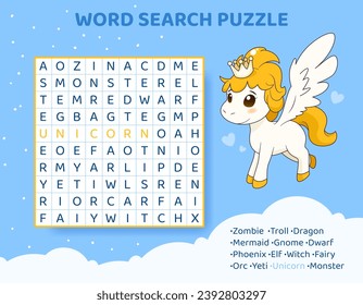 Word search puzzle with magical creatures and animals.