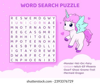 Word search puzzle with magical creatures and animals.