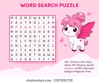 Word search puzzle with magical creatures and animals.