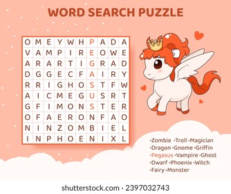 Word search puzzle with magical creatures and animals.