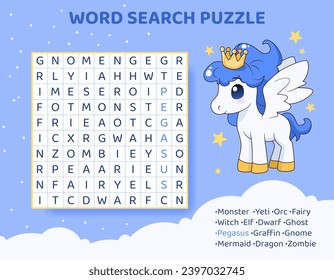 Word search puzzle with magical creatures and animals.