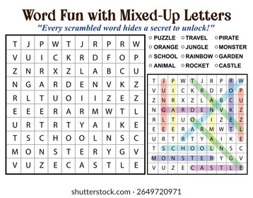 Word search puzzle with mixed-up letters, featuring hidden words like puzzle, travel, pirate, and more, for educational fun.