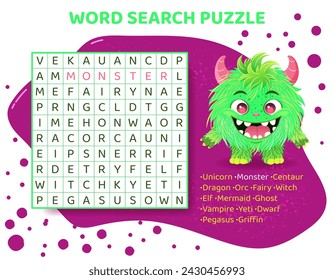 Word search puzzle with mythical animals. Magical creatures. Education game for children. Learning English language. Cartoon spelling puzzle. Test for kids. Crossword page. Vector illustration.