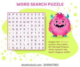 Word search puzzle with mythical animals. Magical creatures. Education game for children. Learning English language. Cartoon spelling puzzle. Test for kids. Crossword page. Vector illustration.