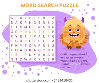 Word search puzzle with mythical animals. Magical creatures. Education game for children. Learning English language. Cartoon spelling puzzle. Test for kids. Crossword page. Vector illustration.