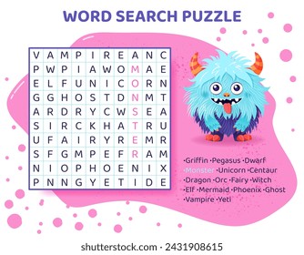 Word search puzzle with mythical animals. Magical creatures. Education game for children. Learning English language. Cartoon spelling puzzle. Test for kids. Crossword page. Vector illustration.