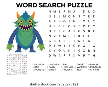 Word search puzzle with mythical animals