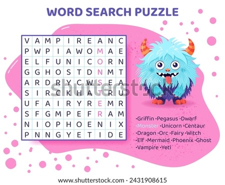 Word search puzzle with mythical animals. Magical creatures. Education game for children. Learning English language. Cartoon spelling puzzle. Test for kids. Crossword page. Vector illustration.