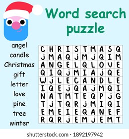 Word search puzzle with Santa Claus stock vector illustration. Help Santa to find and mark all hidden words. Educational winter word game in English. Christmas and New Year activity page for children