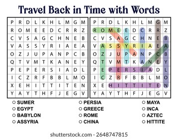 A word search puzzle with the theme of ancient civilizations. The puzzle is partially solved on the right side.
