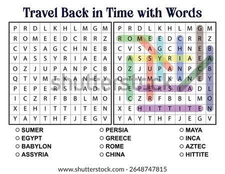 A word search puzzle with the theme of ancient civilizations. The puzzle is partially solved on the right side.