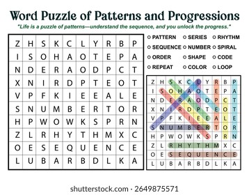 Word search puzzle themed around patterns and progressions, with a solved example showing highlighted words.