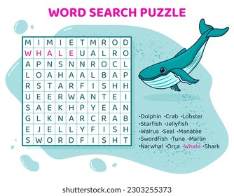 Rompecabezas de búsqueda de palabras con varios peces, mar y animales oceánicos. Juego educativo para niños. Crossword para aprender inglés. Rompecabezas ortográfico de dibujos animados. Prueba para niños. Ilustración vectorial.