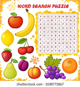 Word Search Puzzle. Vector Education Game For Children. Fruits