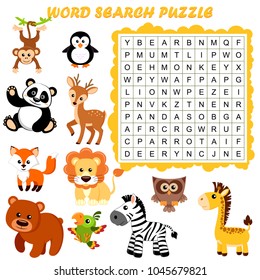 Word Search Puzzle. Vector Education Game For Children. Animals