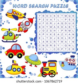 Word search puzzle. Vector education game for children. Transport