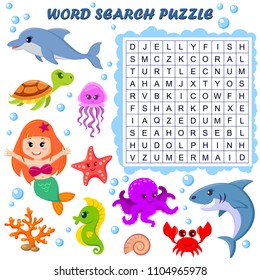 Word Search Puzzle. Vector Education Game For Children. Sea Animals