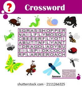 Word search puzzle. Vector education game for children. Cute insects