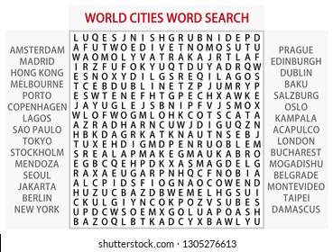 Word search puzzle vector (Word find game) illustration. World cities. 01