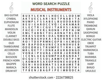 Word search puzzle vector (Word find game) illustration. Music instruments.