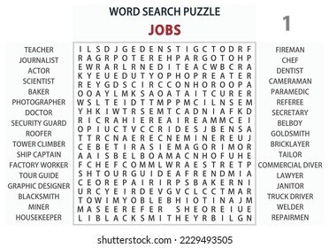 Word search puzzle vector (Word find game) illustration. Jobs.